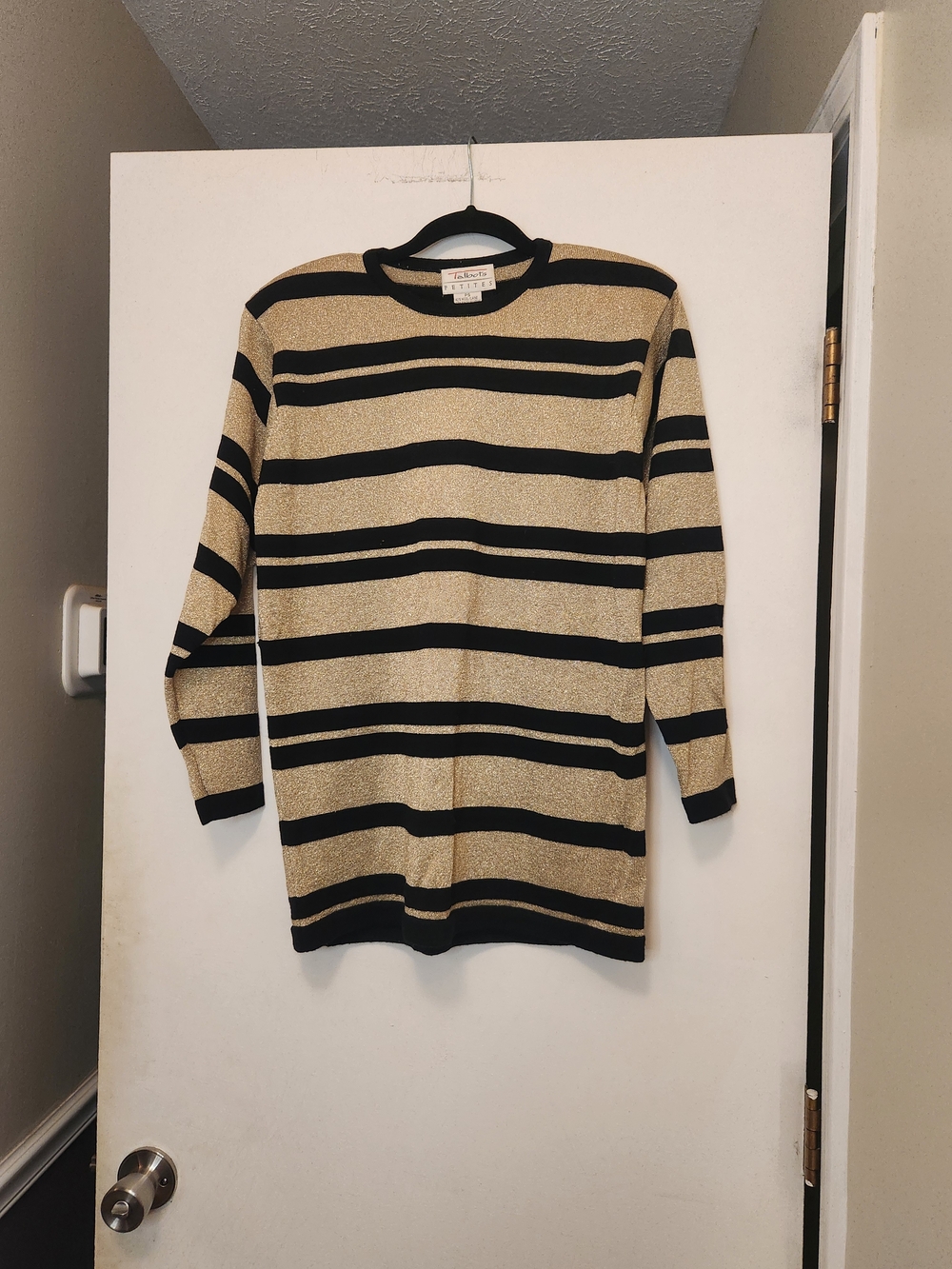 Talbots Petite Wool/Rayon/ Metallic Fibre Black & Gold Striped Crewneck Sweater